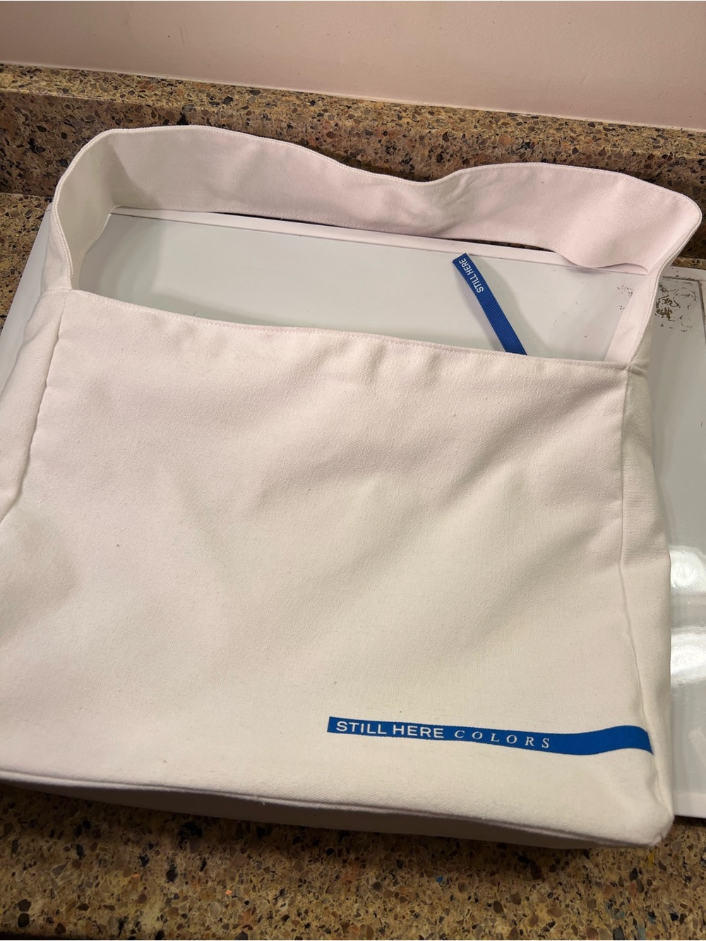 “Still Here Colors” White Canvas Tote Shoulder Bag, Zip Close, Lined, 16x12x3”